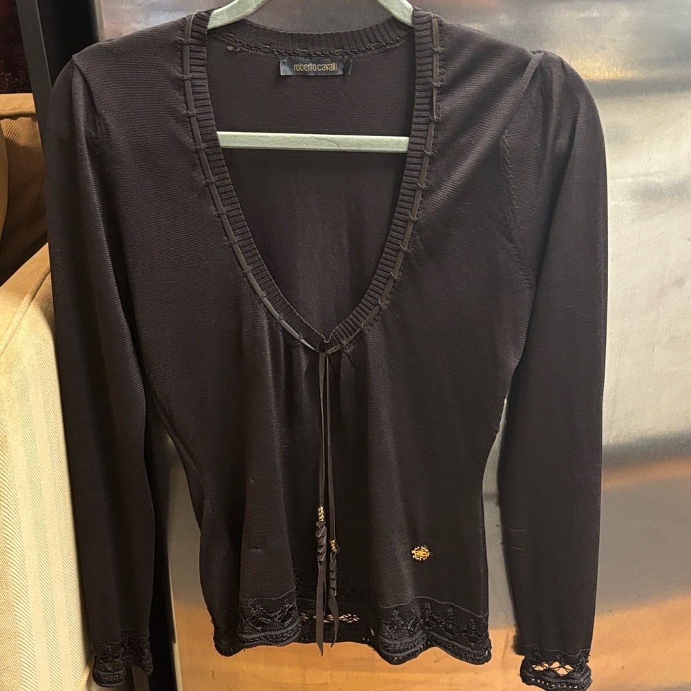 Roberto Cavalli Black V-Neck Blouse with Lace Trim